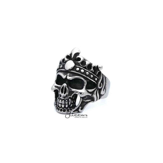 Men's antiqued stainless steel Skull King casting rings by Glitters, featuring detailed skull designs on durable stainless steel bands.
