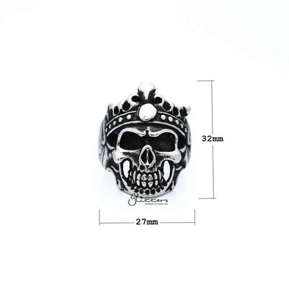 Men's antiqued stainless steel Skull King casting rings by Glitters, featuring detailed skull design and bold style.