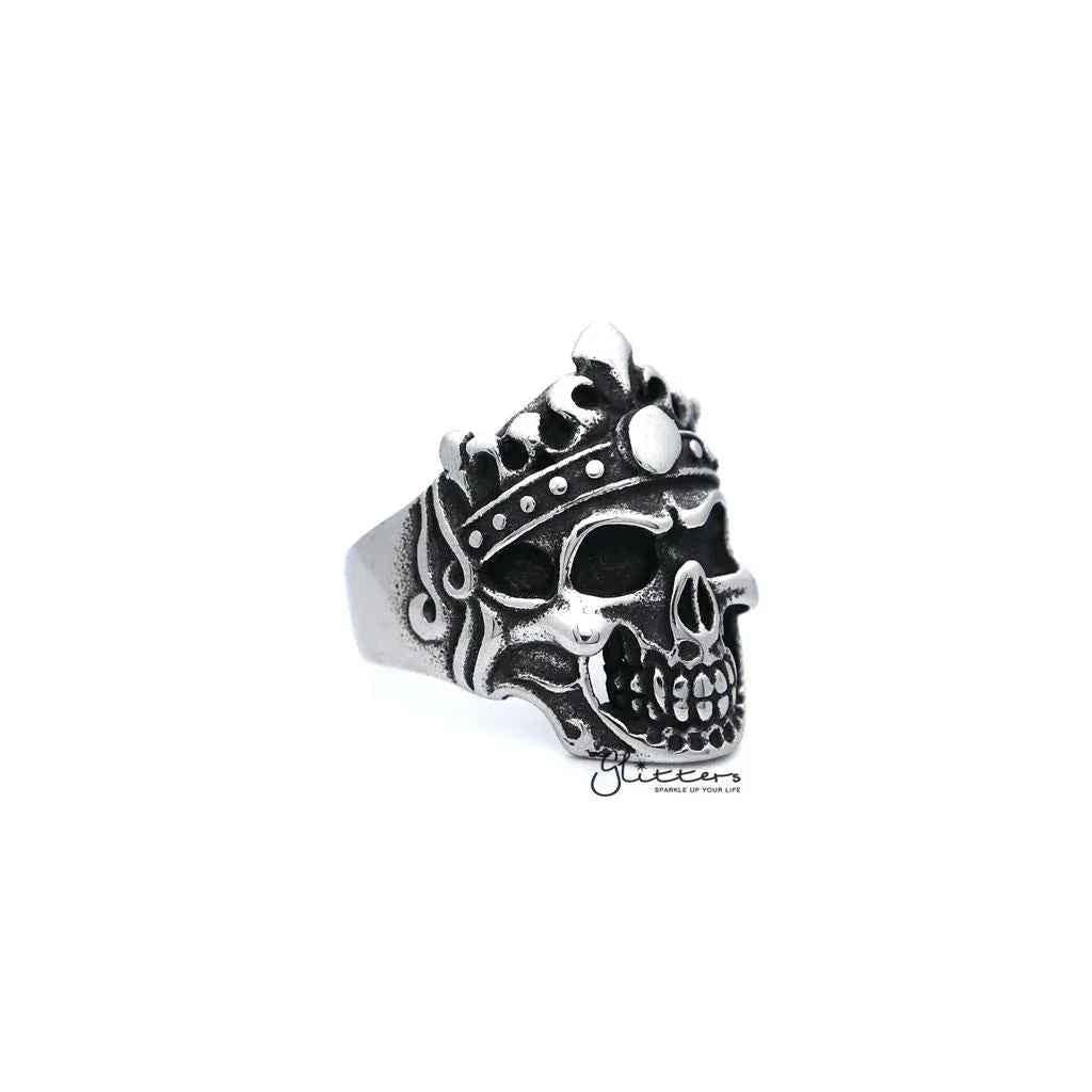 Men's antiqued stainless steel skull king casting rings by Glitters, featuring detailed skull and king design on metallic rings.