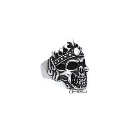 Men's antiqued stainless steel skull king casting rings by Glitters, featuring detailed skull and king design on metallic rings.