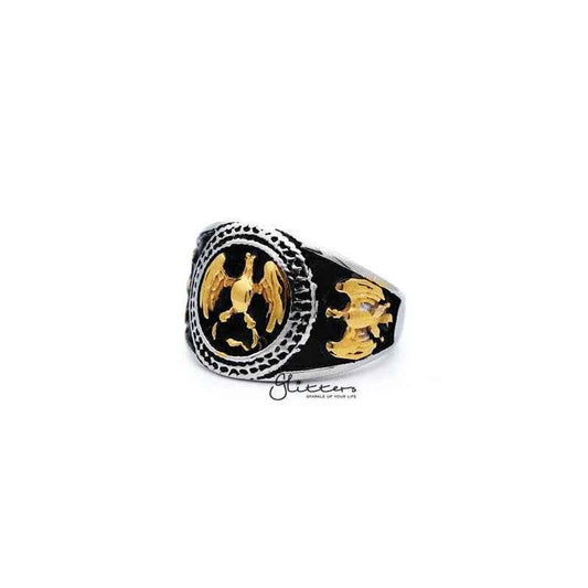Men's antique stainless steel two-tone eagle casting rings by Glitters, featuring detailed eagle designs and polished finishes.