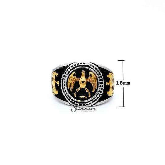 Men's stainless steel rings featuring antiqued two-tone eagle casting design by Glitters.
