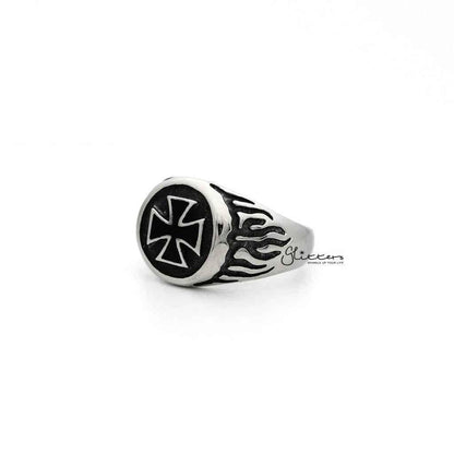 Men's stainless steel circle cross casting rings by Glitters, showcasing sleek, polished design with detailed cross and circular pattern.