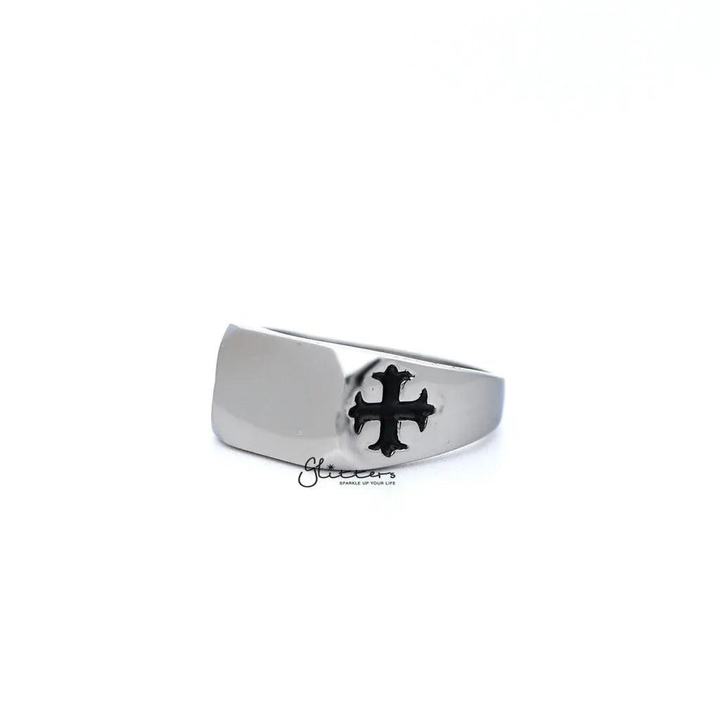 Men's stainless steel glossy rectangle ring with cross designs, part of Glitters' stainless steel rings collection.