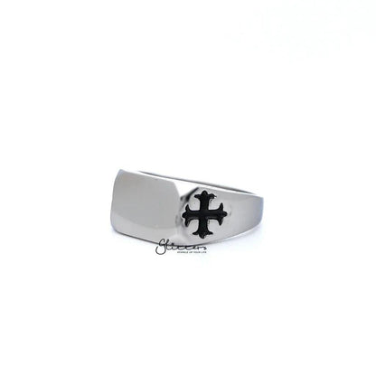 Men's stainless steel glossy rectangle ring with cross designs, part of Glitters' stainless steel rings collection.