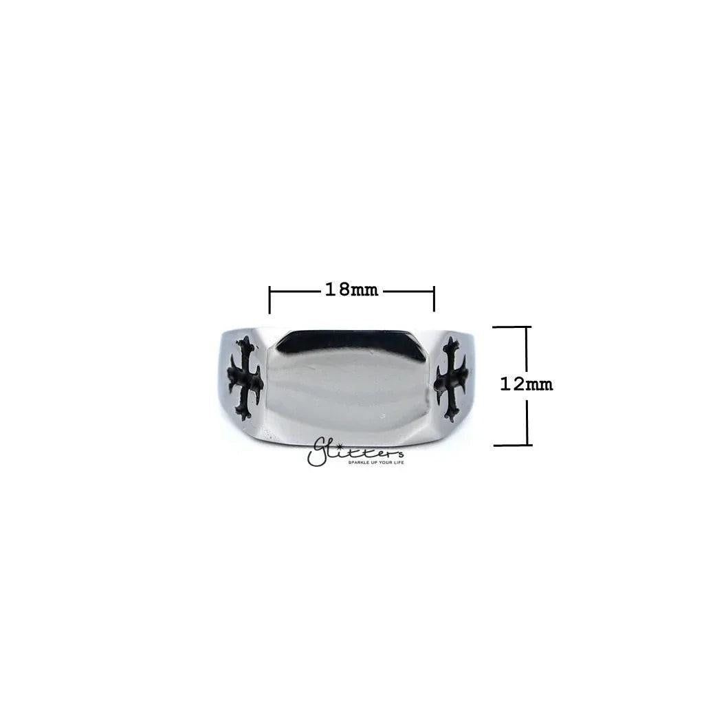 Men's stainless steel glossy rectangle rings with cross designs, from Glitters, showcasing a polished finish and detailed casting features.