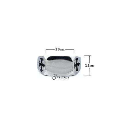 Men's stainless steel glossy rectangle rings with cross designs, from Glitters, showcasing a polished finish and detailed casting features.