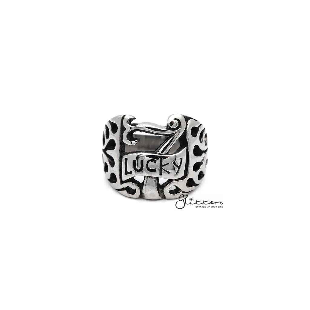 Men's stainless steel "Lucky 7" casting rings by Glitters, featuring a polished finish and bold design.