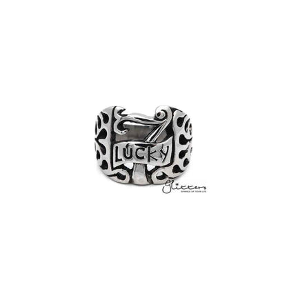 Men's stainless steel "Lucky 7" casting rings by Glitters, featuring a polished finish and bold design.