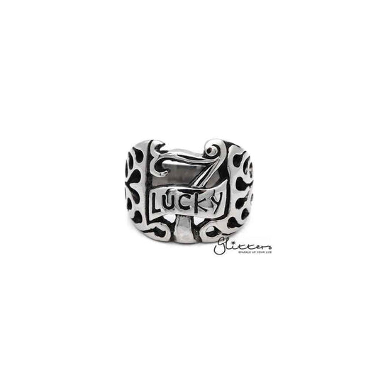Men's stainless steel "Lucky 7" casting rings by Glitters, featuring a polished finish and bold design.