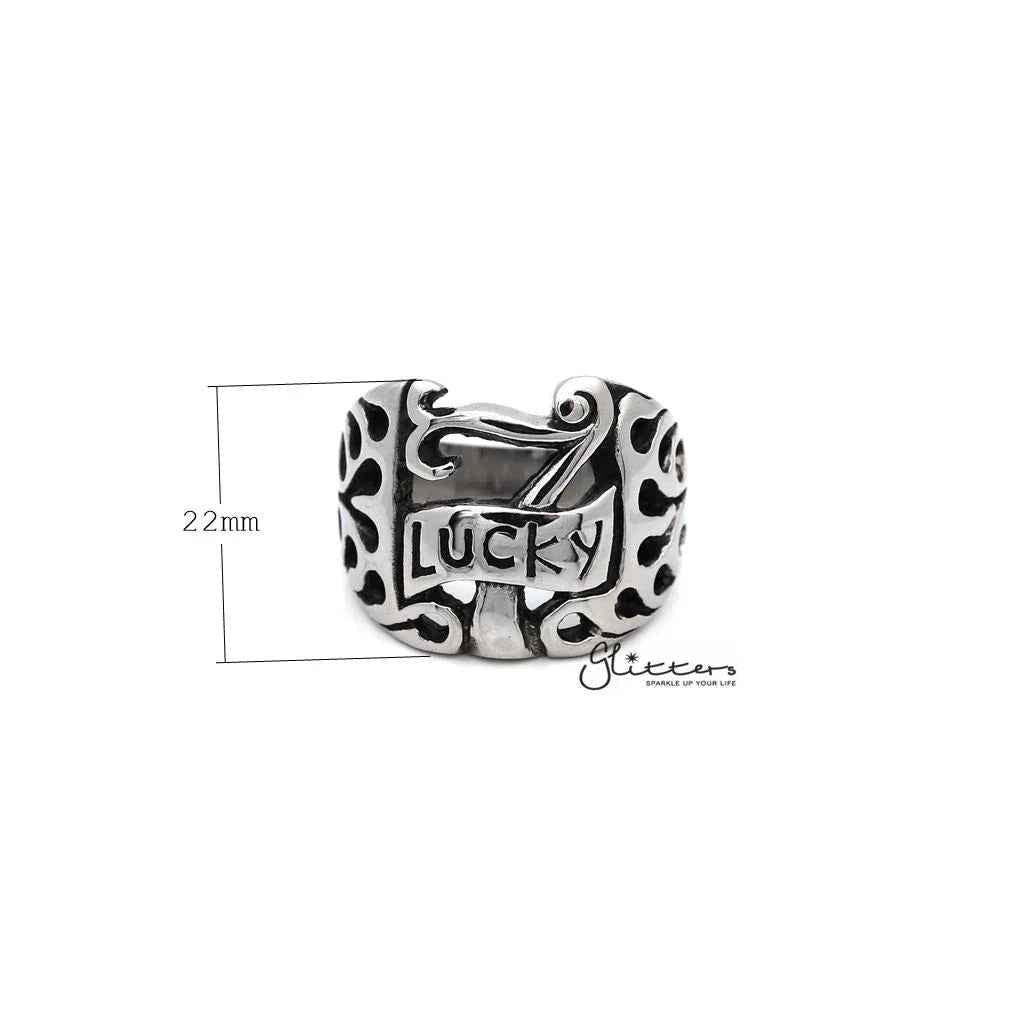 Men's stainless steel Lucky 7 casting rings by Glitters, featuring polished silver finish and intricate design details.