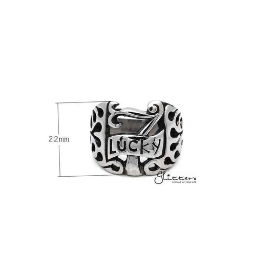 Men's stainless steel Lucky 7 casting rings by Glitters, featuring polished silver finish and intricate design details.