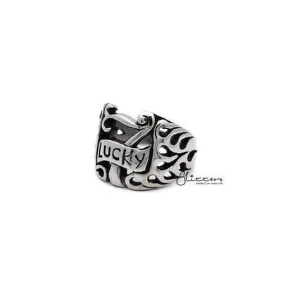 Men's stainless steel "Lucky 7" casting rings by Glitters, featuring polished silver finish and intricate design details.