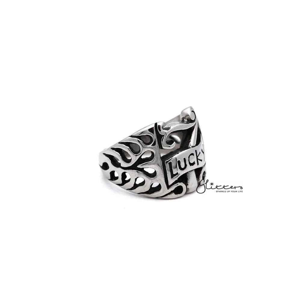 Men's stainless steel "Lucky 7" casting ring by Glitters, featuring a polished silver finish and bold design.