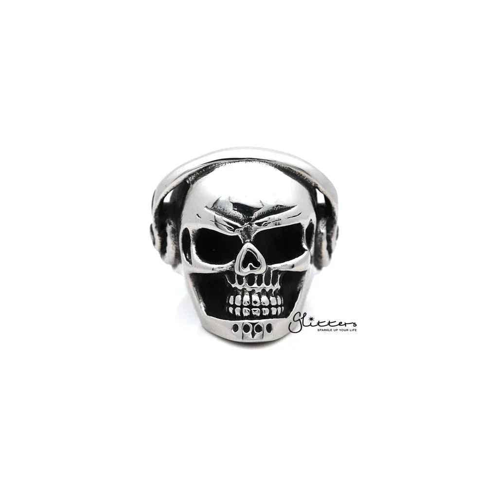 Men's stainless steel skull head with headphone design casting rings by Glitters, showcasing detailed skull and headphone motifs.