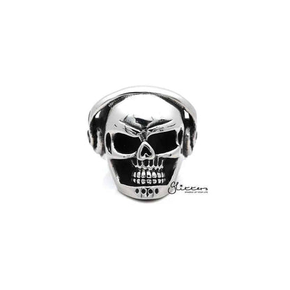 Men's stainless steel skull head with headphone design casting rings by Glitters, showcasing detailed skull and headphone motifs.