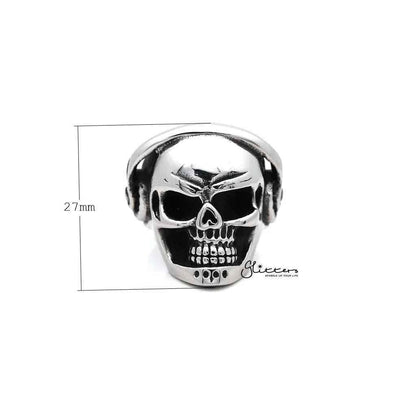 Men's stainless steel skull head with headphone casting rings by Glitters, featuring detailed skull design and headphone motifs.