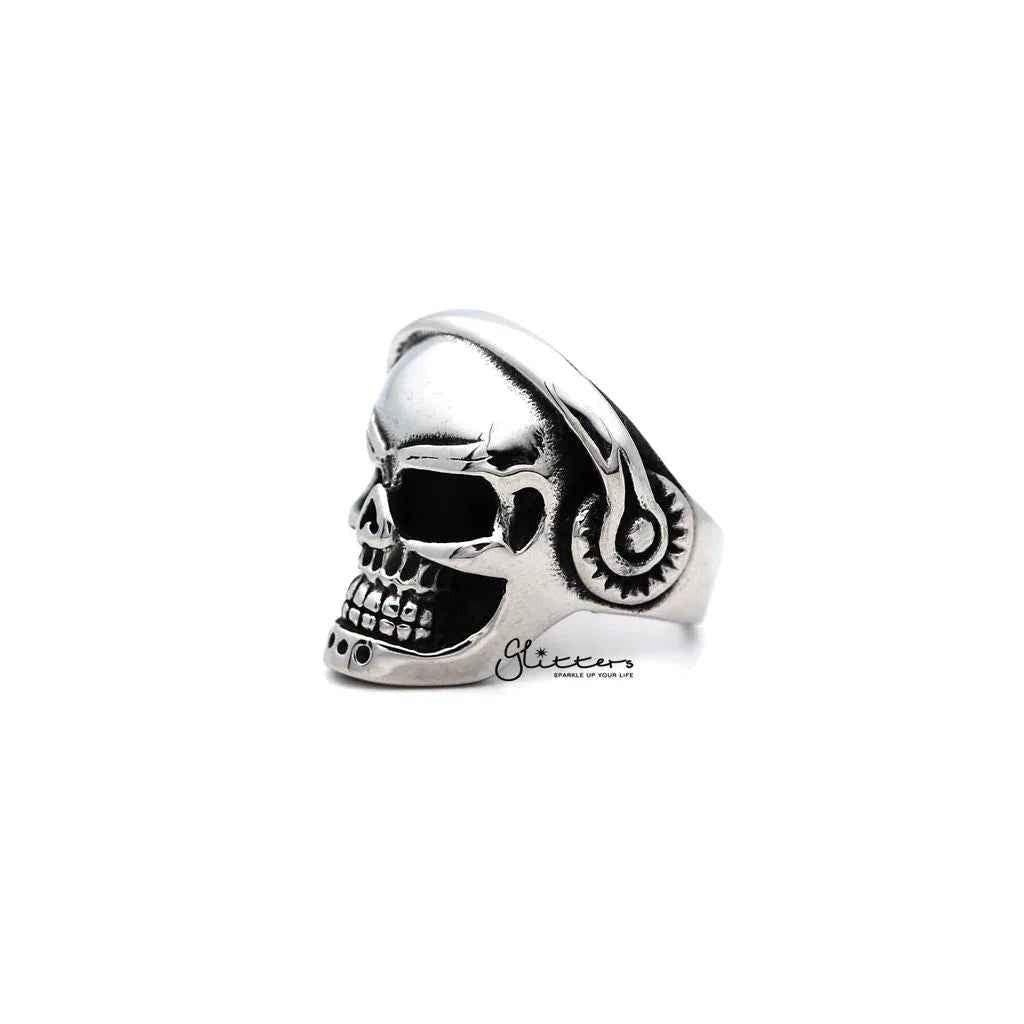 Men's stainless steel skull head with headphone casting rings by Glitters, showcasing detailed skull design and headphone accents.