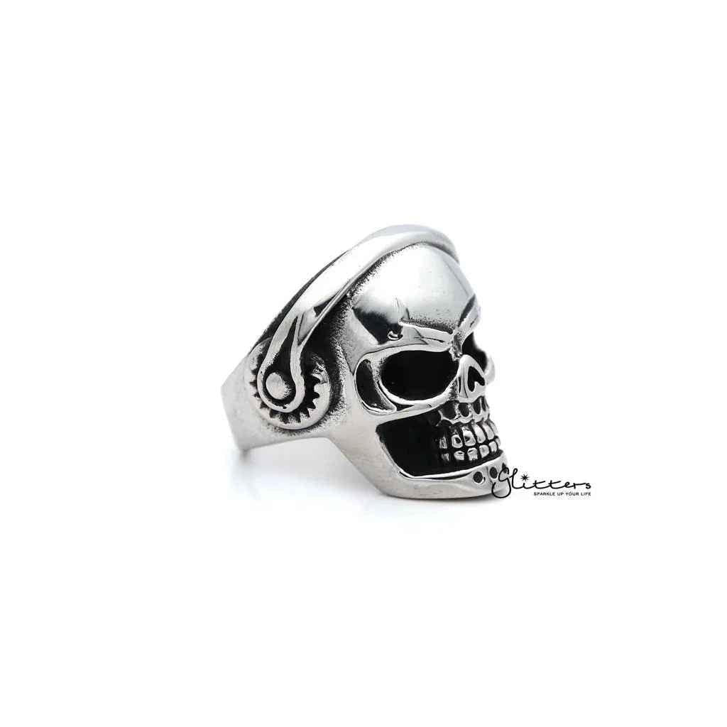 Men's stainless steel skull head with headphone casting rings, bold and detailed jewelry piece by Glitters.