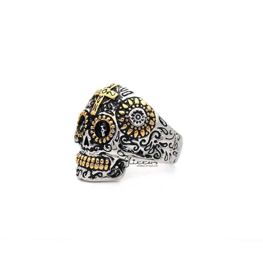 Men's stainless steel rings featuring a two-tone skull and cross design by Glitters, showcasing bold, detailed craftsmanship.