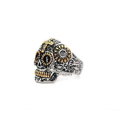 Men's stainless steel rings featuring a two-tone skull and cross design by Glitters, showcasing bold, detailed craftsmanship.