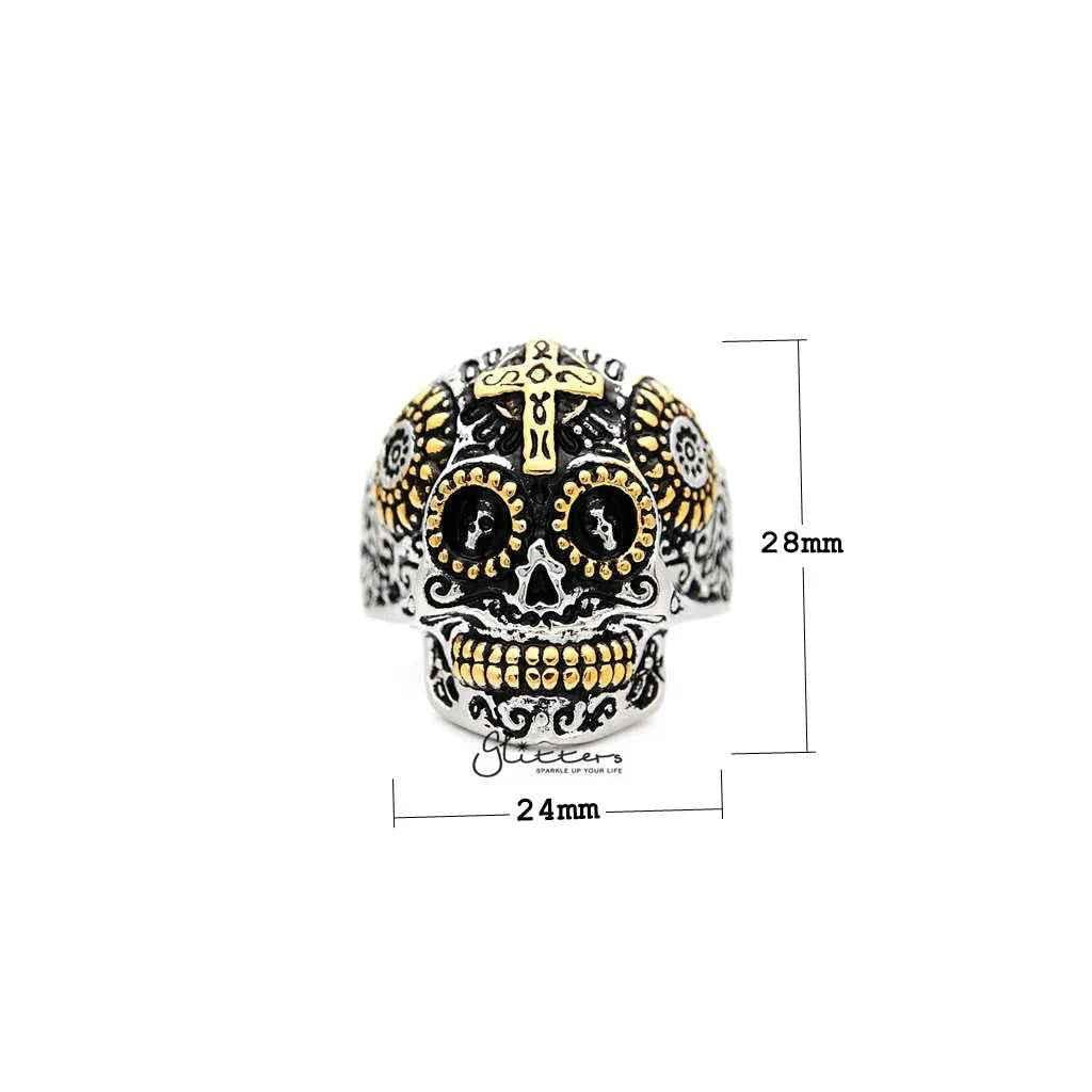 Men's stainless steel rings featuring a two-tone skull and cross design by Glitters.