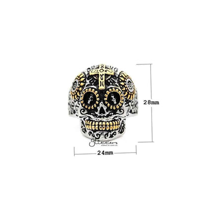 Men's stainless steel rings featuring a two-tone skull and cross design by Glitters.