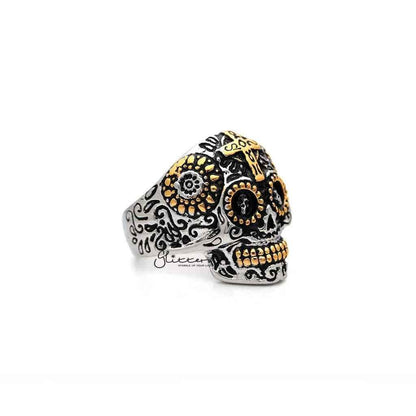 Men's stainless steel two-tone skull with cross casting rings by Glitters, showcasing detailed skull and cross design on the ring.