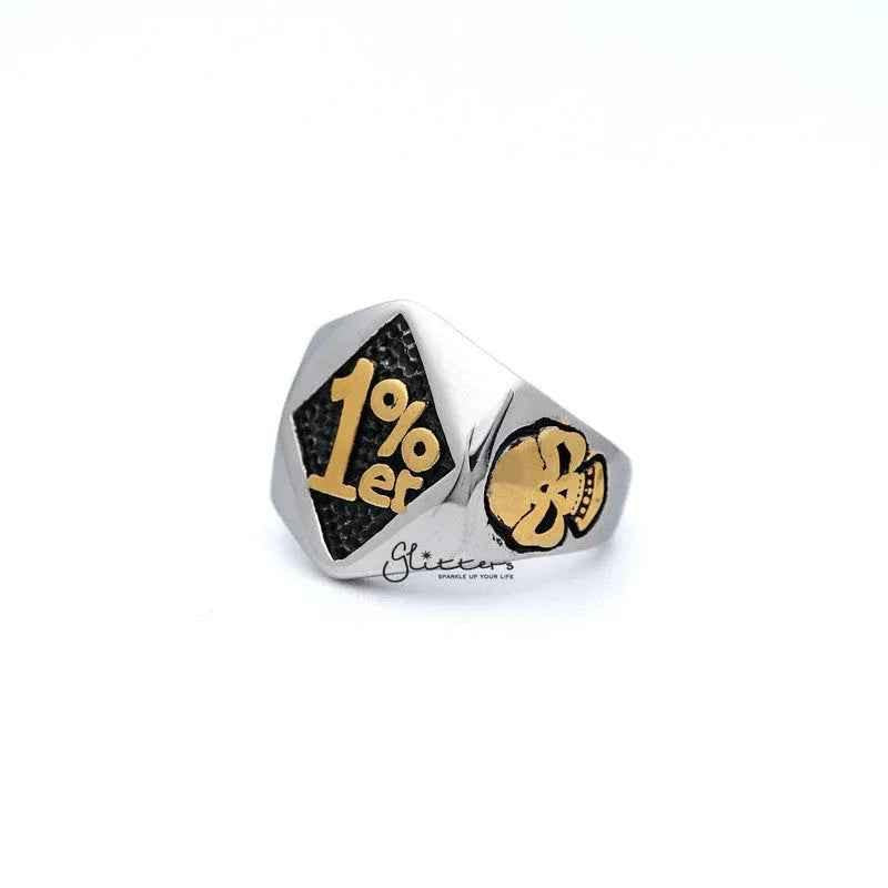 Stainless steel men's ring with two-tone casting design, featuring 1% er One Percenter style by Glitters
