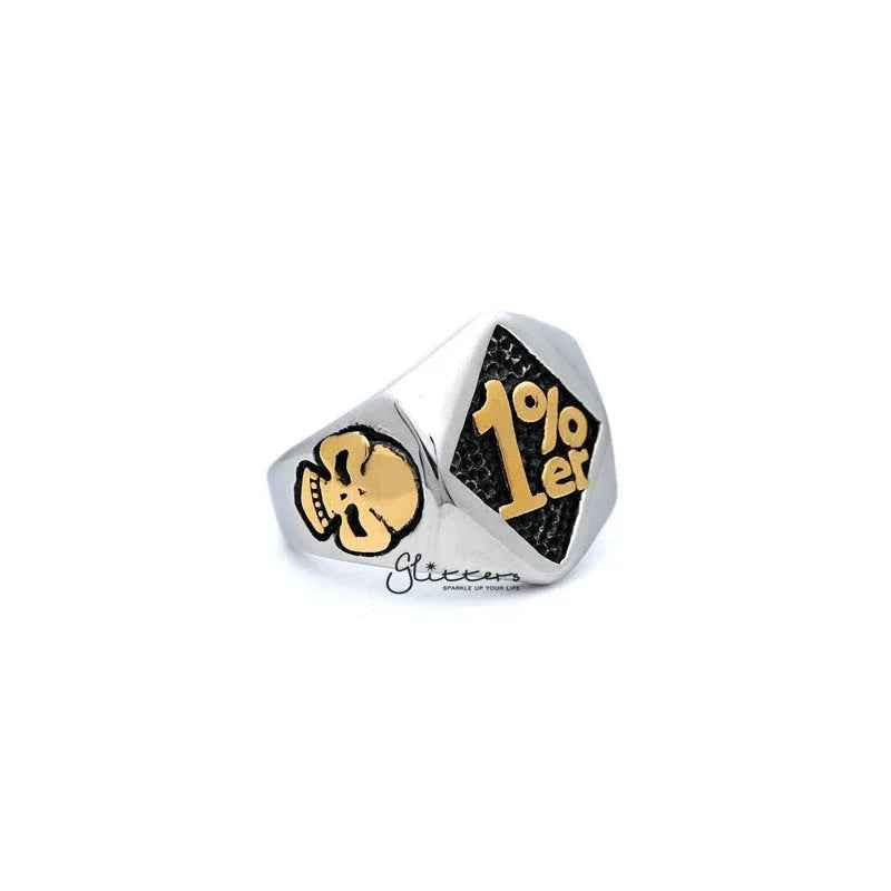 Stainless steel men's ring by Glitters featuring a two-tone casting design, 1% er One Percenter style, shown on a white background.
