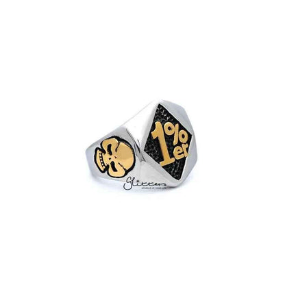 Stainless steel men's ring by Glitters featuring a two-tone casting design, 1% er One Percenter style, shown on a white background.