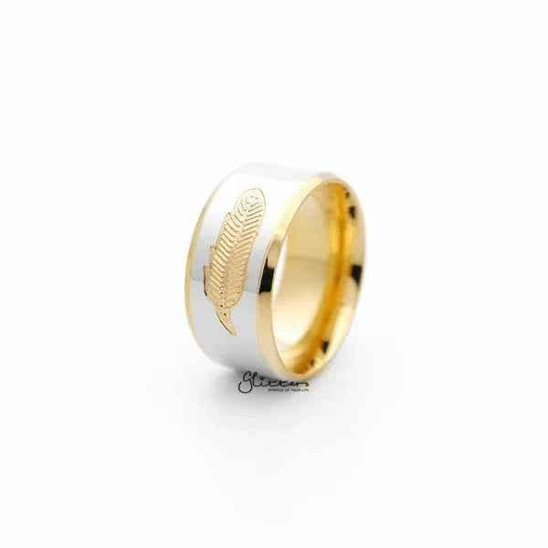 Stainless steel 10mm wide two-tone ring with polished finish and golden feather center band, by Glitters.