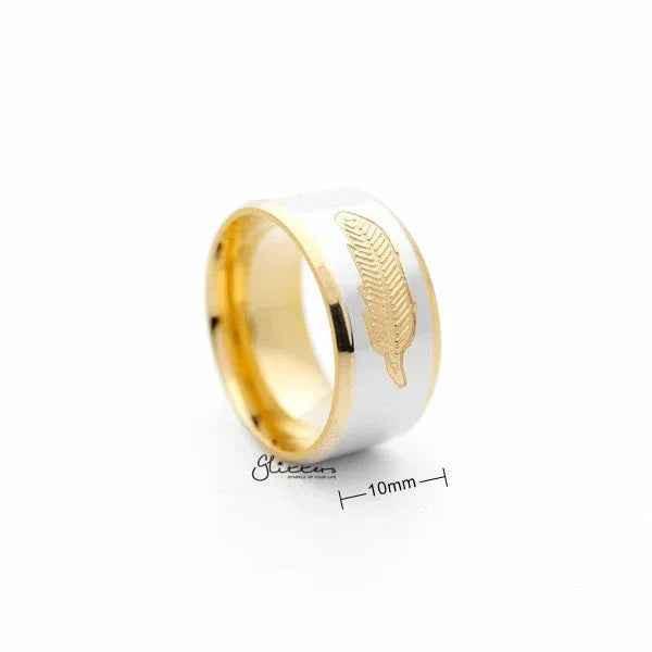Stainless steel ring with 10mm width, two-tone polished finish, featuring a golden feather center band and sleek design.