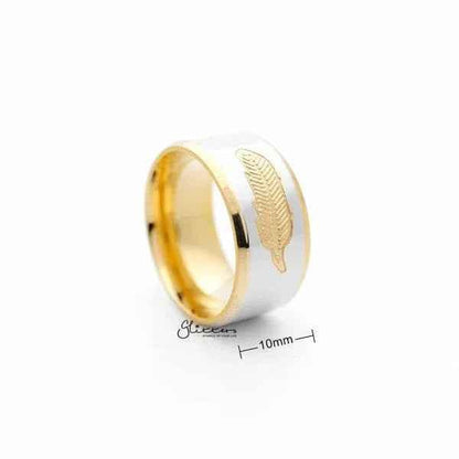 Stainless steel ring with 10mm width, two-tone polished finish, featuring a golden feather center band and sleek design.