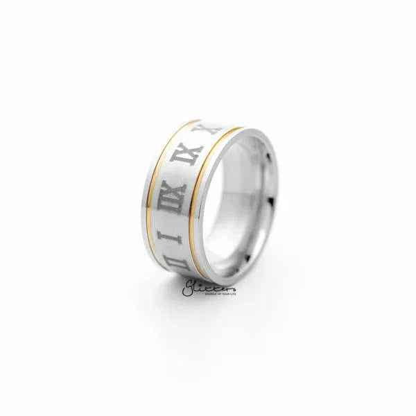 Stainless steel 10mm wide Roman numerals center band ring by Glitters, featuring engraved numeral design on smooth band.