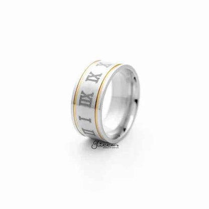 Stainless steel 10mm wide Roman numerals center band ring by Glitters, featuring engraved numeral design on smooth band.