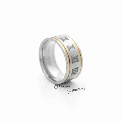 Stainless steel Roman numerals center band ring with 10mm width, featuring a sleek, polished design by Glitters.