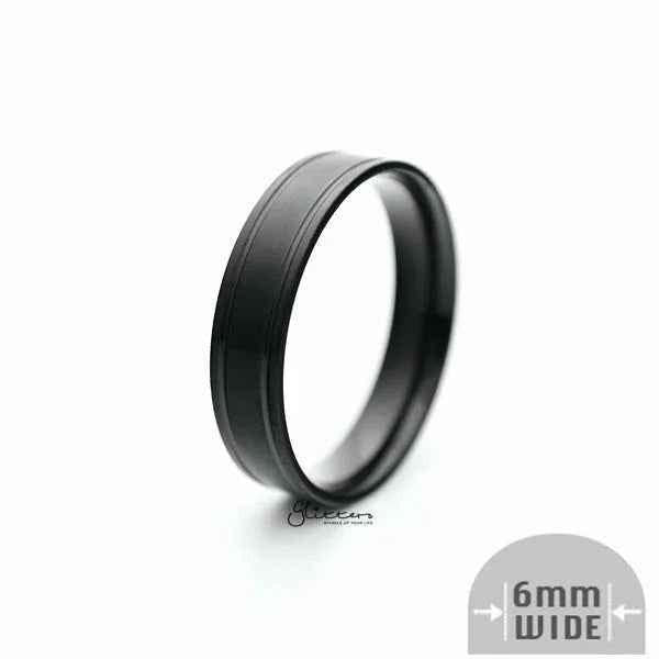Black stainless steel 6mm wide brushed center band ring by Glitters featuring a sleek, modern design.