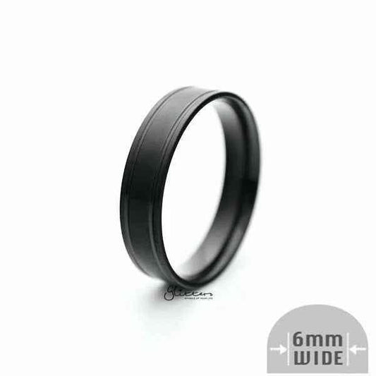 Black stainless steel 6mm wide brushed center band ring by Glitters featuring a sleek, modern design.