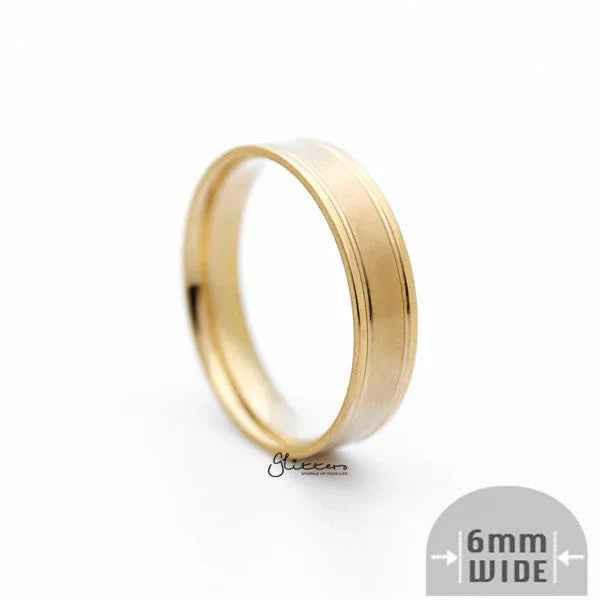 Gold stainless steel 6mm wide brushed center band ring by Glitters, showcasing a sleek and modern design.
