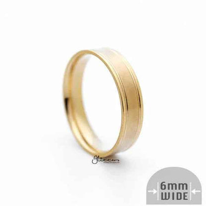 Gold stainless steel 6mm wide brushed center band ring by Glitters, showcasing a sleek and modern design.