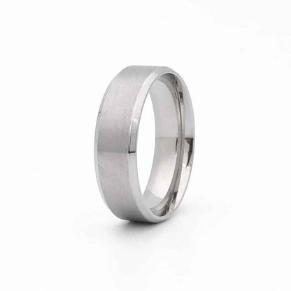 Stainless steel 8mm wide beveled edge band ring by Glitters, showcasing a sleek, polished design on a plain background.