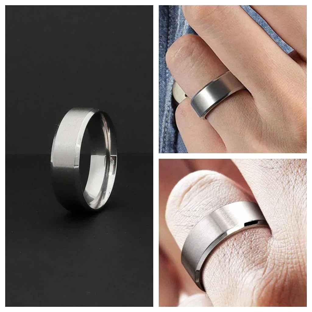 Stainless steel 8mm wide beveled edge band ring by Glitters, featuring a sleek and modern design for everyday wear.