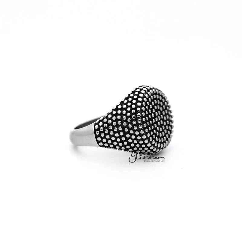 Stainless steel antiqued circle shape dot casting men's ring by Glitters featuring a sleek, modern design with circular accents.
