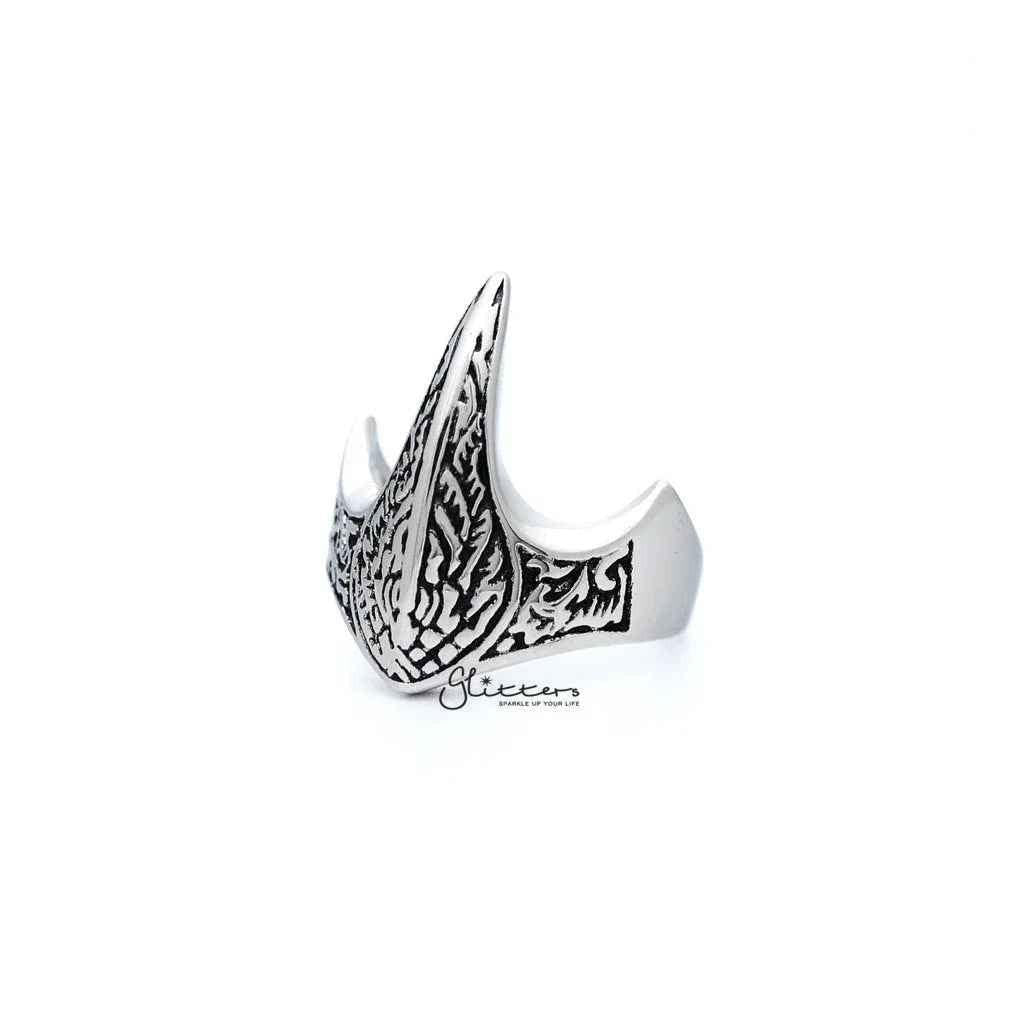 Antiqued stainless steel claw-shaped men's ring with casting detail, designed by Glitters, showcasing a bold, rugged style.