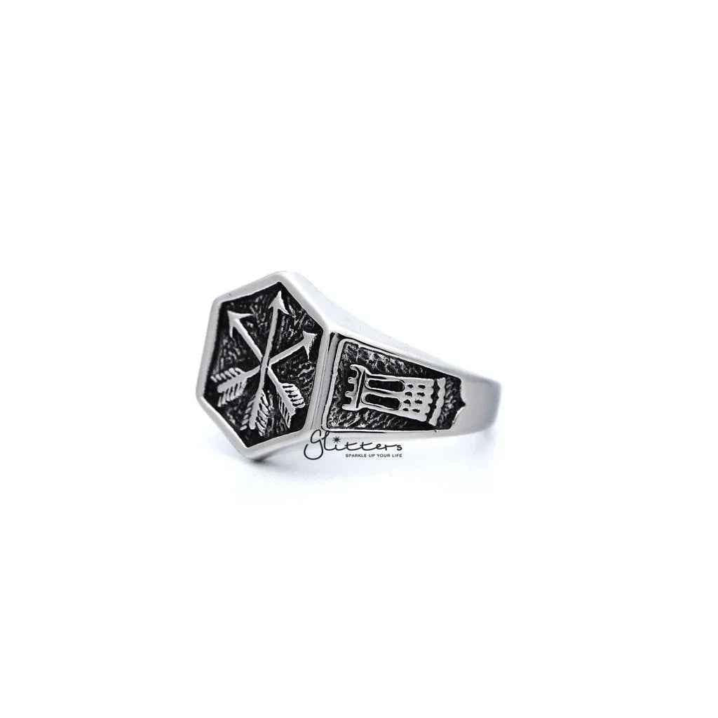 Stainless steel men's ring with antiqued crossed three arrows design by Glitters, showcasing a bold, detailed casting style.