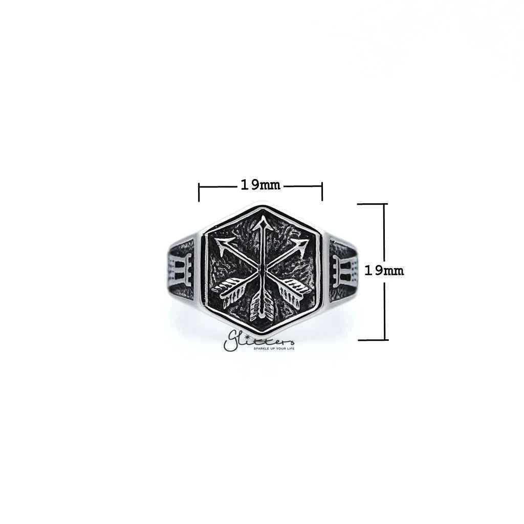 Stainless steel men's ring with antiqued crossed three arrows design, casting style from Glitters.