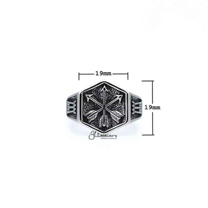 Stainless steel men's ring with antiqued crossed three arrows design, casting style from Glitters.