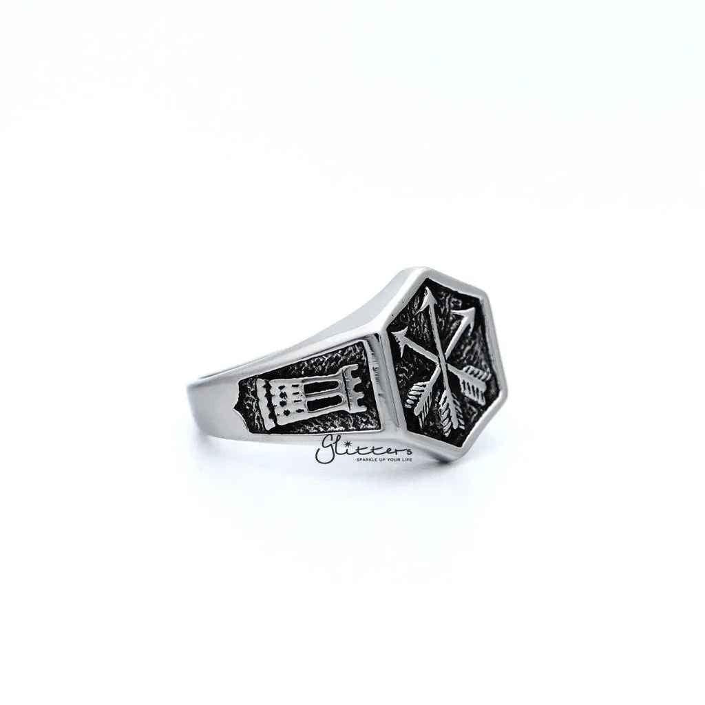 Stainless steel men's ring with antiqued crossed three arrows design by Glitters, featuring detailed casting and a bold style.