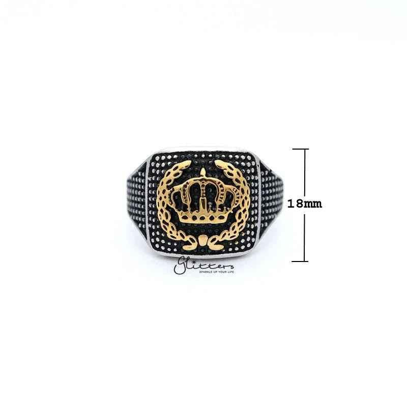Stainless steel men's ring by Glitters featuring an antiqued crown tone eagle casting design.